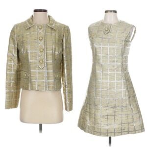 Vintage 50s 60s Metallic Plaid Brocade Dress Coat Ensemble Set Jackie O Mad Men
